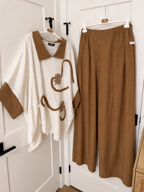 Abstract Swirl Knit Top & Wide-Leg Pants Two-Piece Set - Cream & Caramel