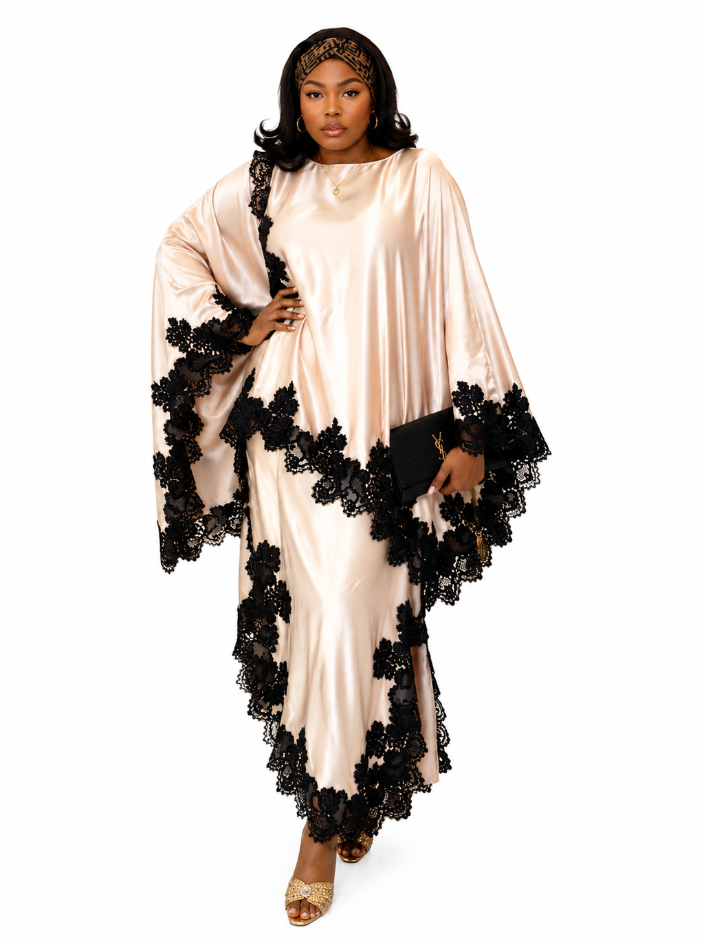 Satin Abaya with Lace Trim