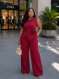 Asymmetrical Sleeveless Peplum Top & Wide-Leg Pants Set