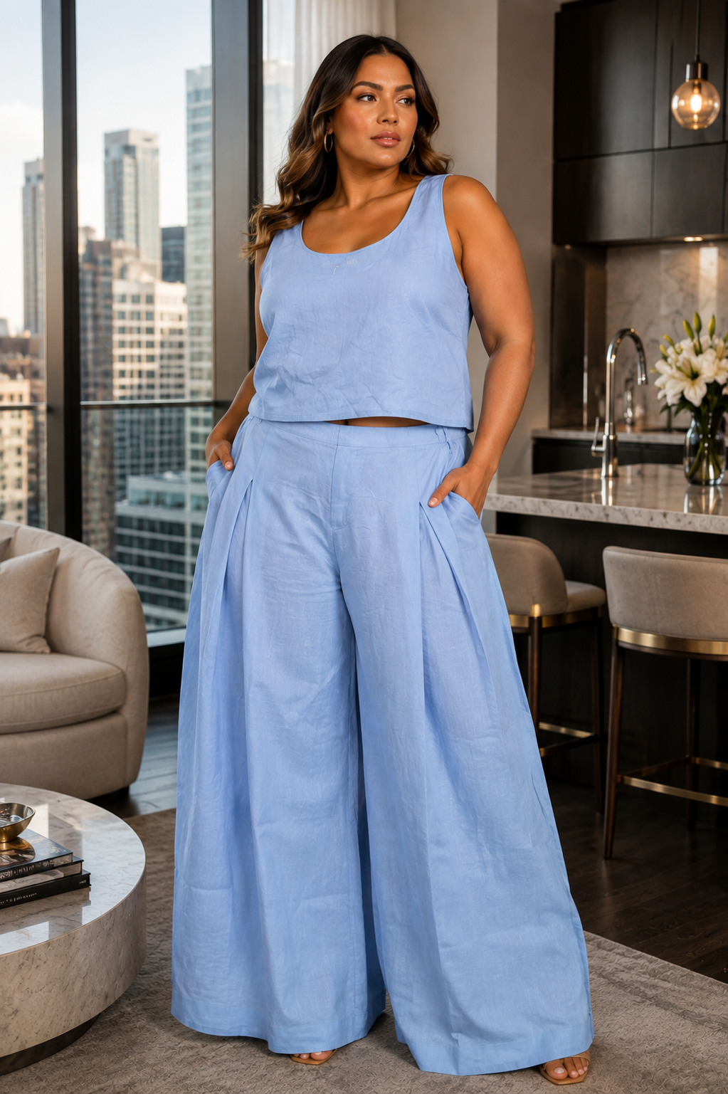 Sleeveless Crop Top & Wide-Leg Trouser Two-Piece Set