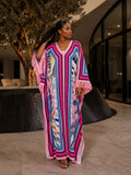 Boho Printed V-Neck Kaftan Maxidress with Feathers
