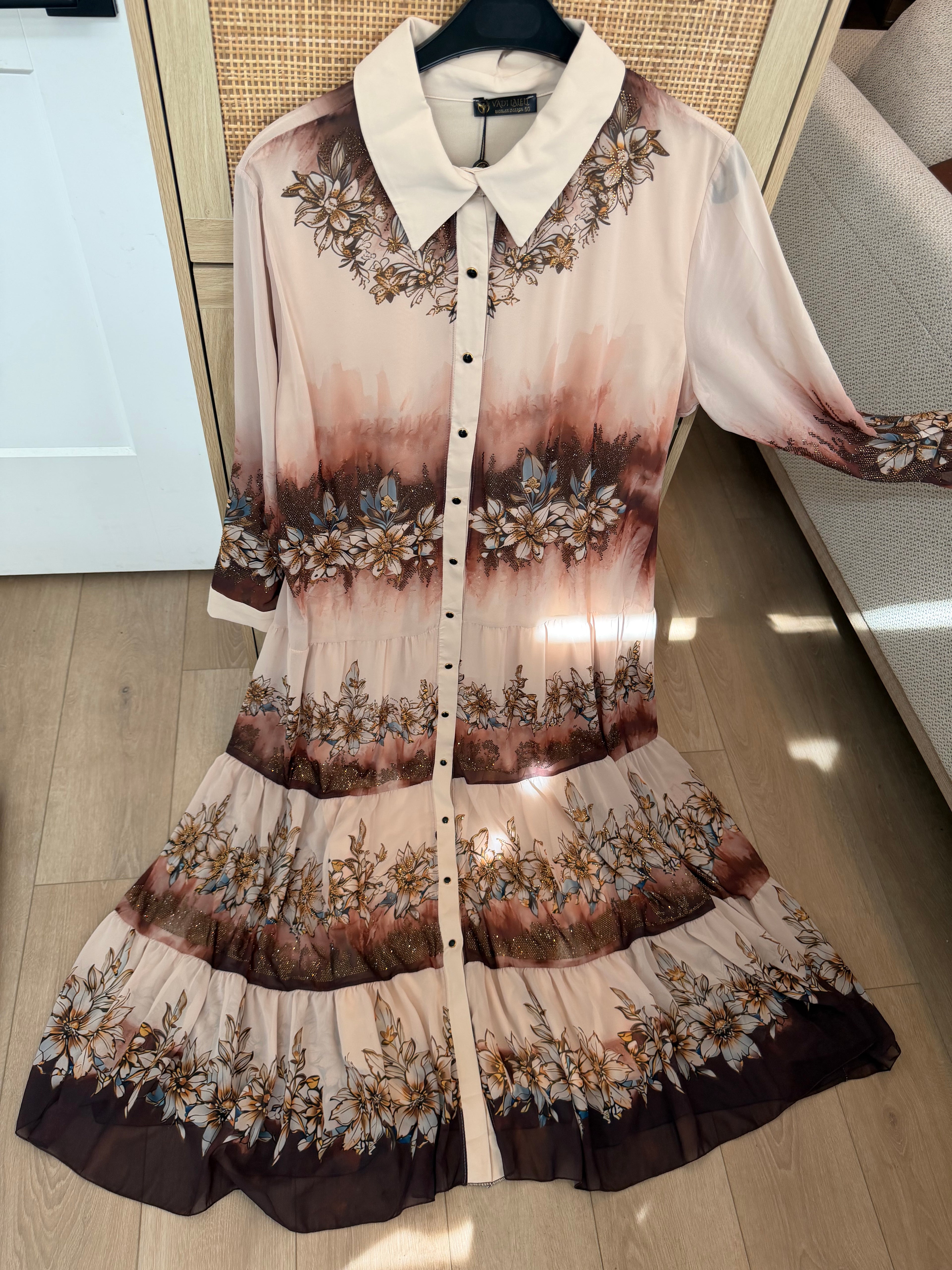 Boho Floral Print Button-Down Shirt Dress with Belt