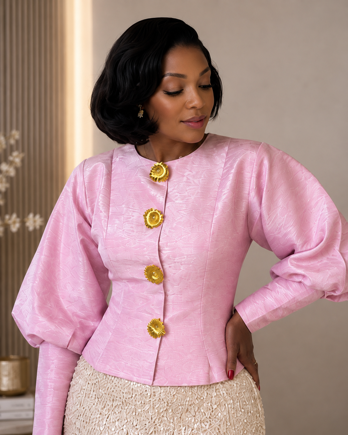 Pink Puff Sleeve Tweed Cardigan Jacket