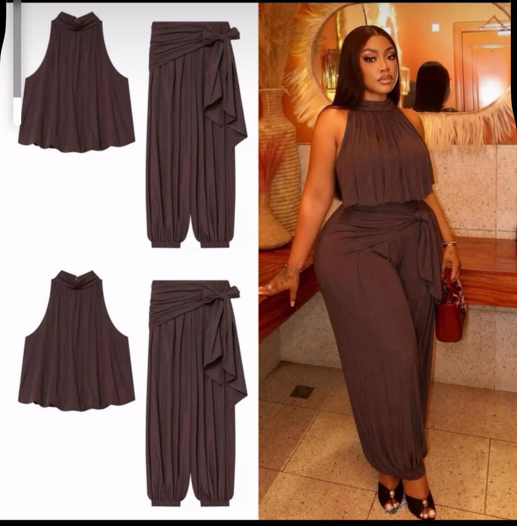 Sleeveless High-Neck Top and Pleated Wide-Leg Pants Set