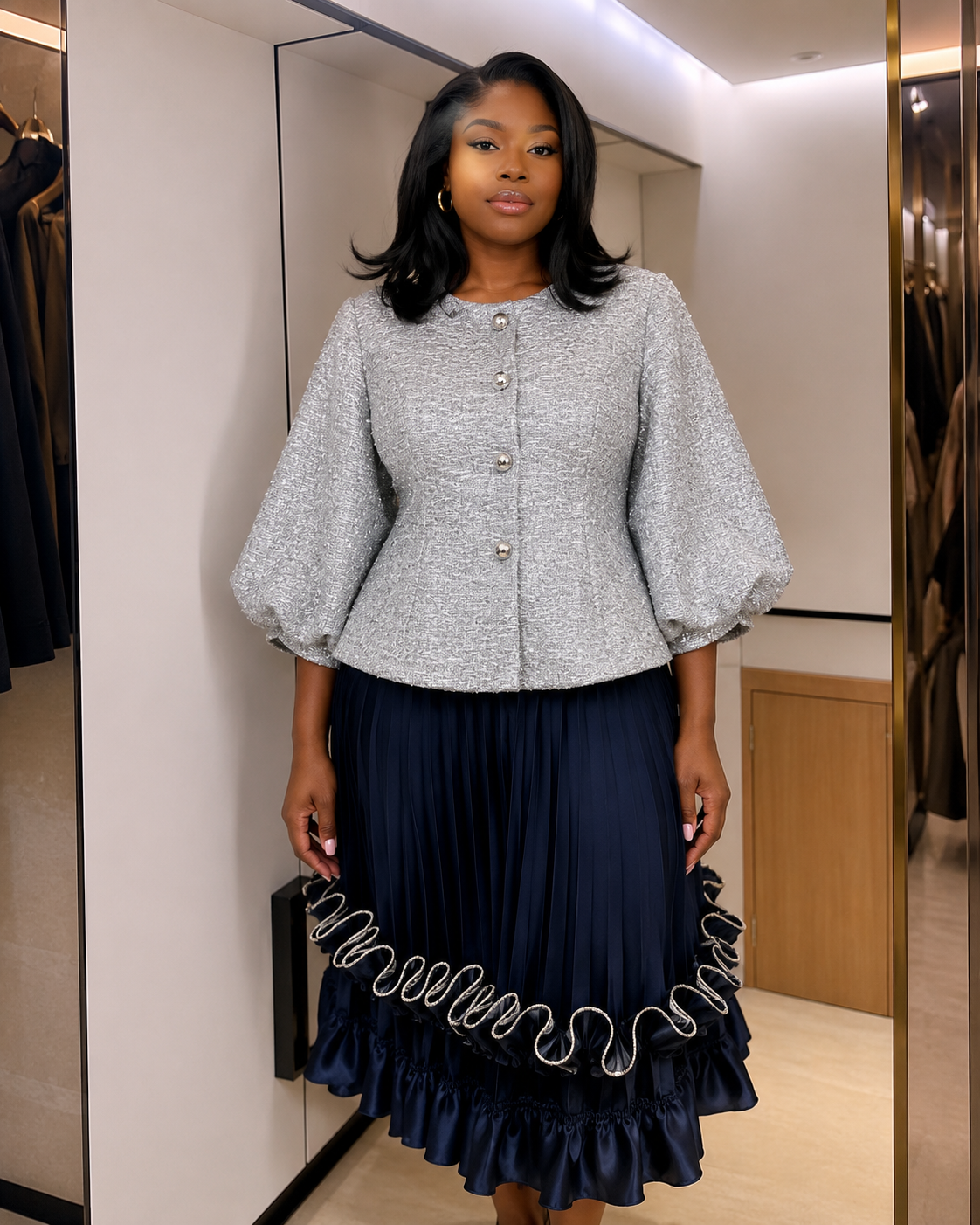Textured Statement-Sleeve Top & Ruffled Skirt Two-Piece Set