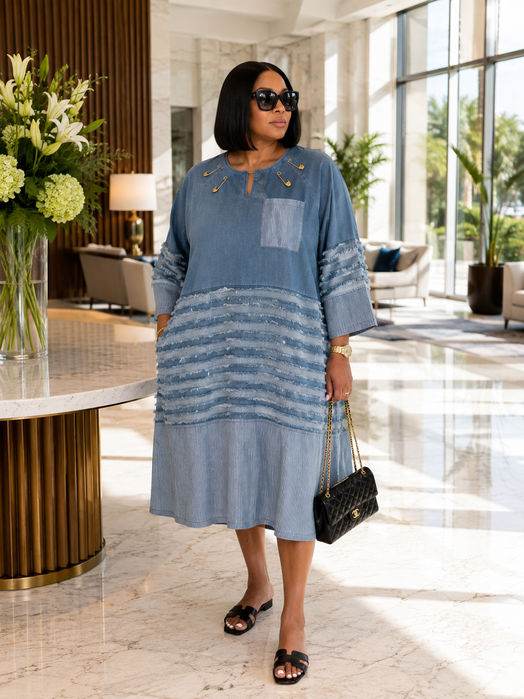 Denim Patchwork Striped Maxi Dress