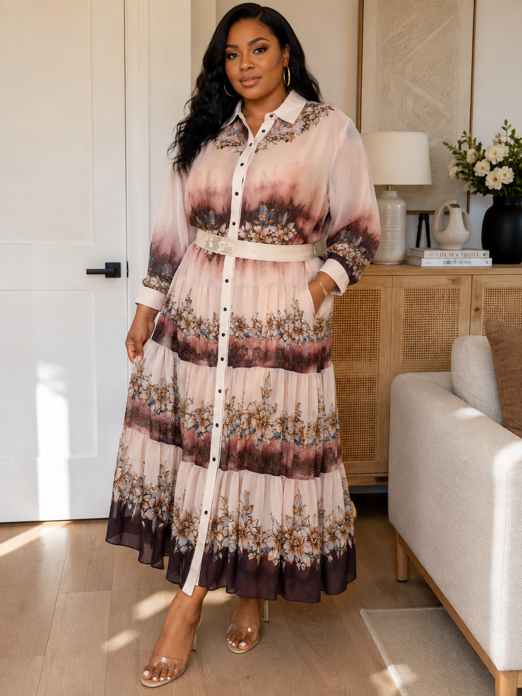 Boho Floral Print Button-Down Shirt Dress with Belt