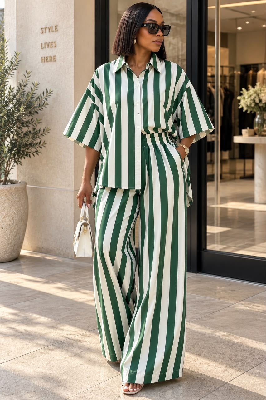 Two-Piece Vertical Striped Short-Sleeve Top & Wide-Leg Pants Set