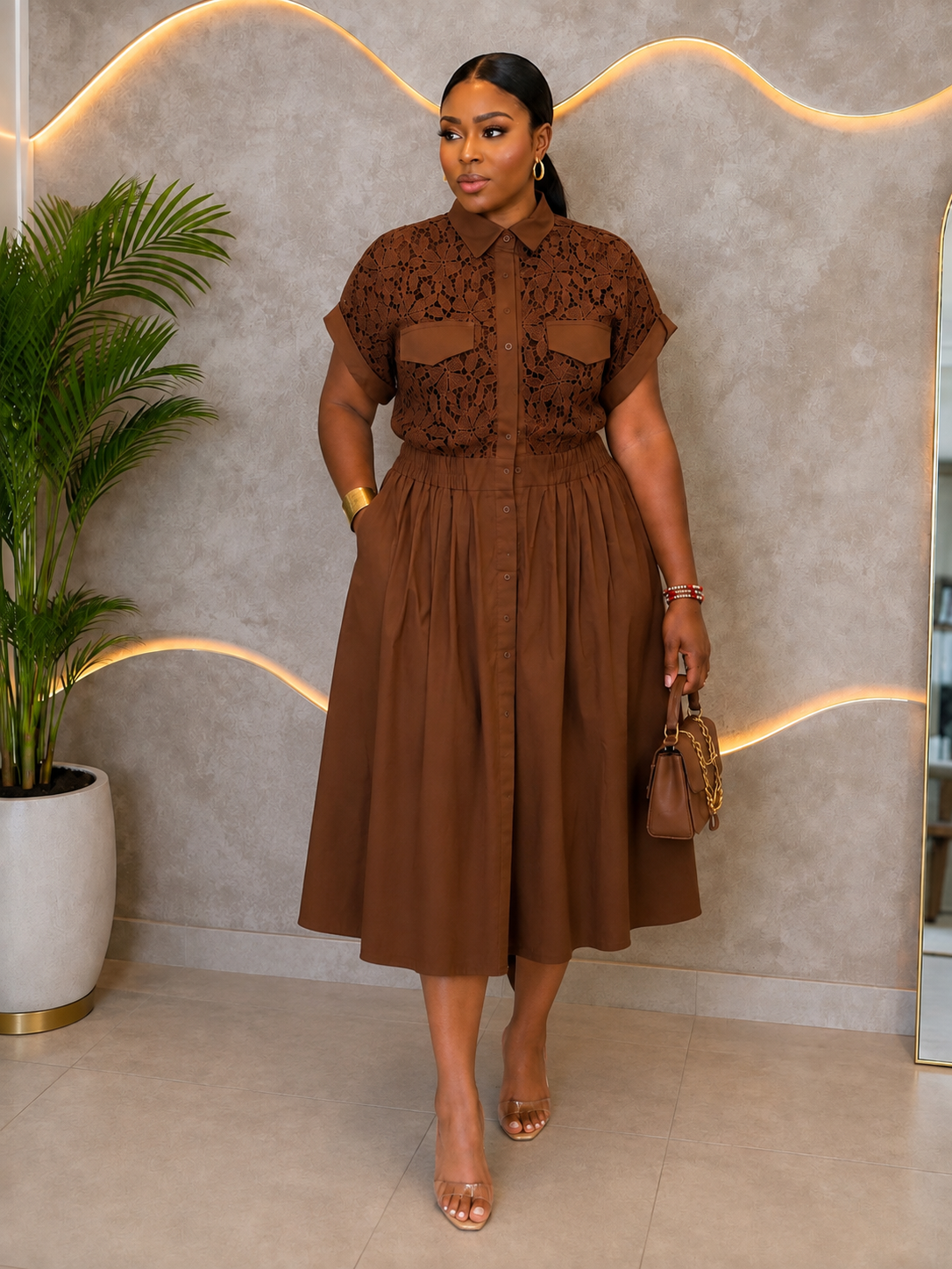 Elegant Brown Button-Down Midi Shirtdress