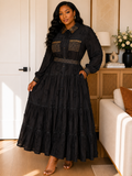 Embroidered Pocket Long Sleeve Button-Down Maxi Shirt Dress - Black