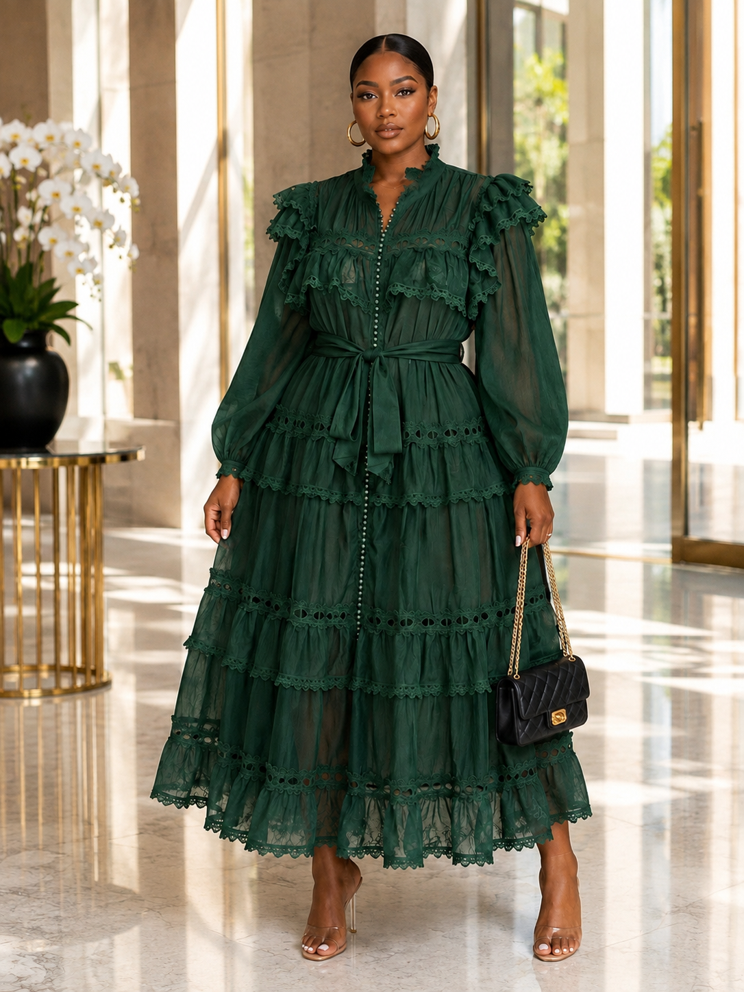 High Neck Pleated Ruffle Maxi Dress