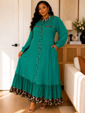 Embellished Long Sleeve Emerald Green Maxi Dress with Printed Accent Trim