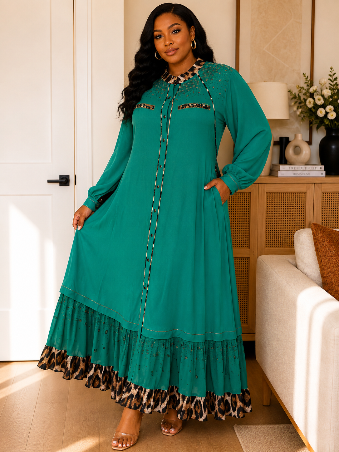 Embellished Long Sleeve Emerald Green Maxi Dress with Printed Accent Trim