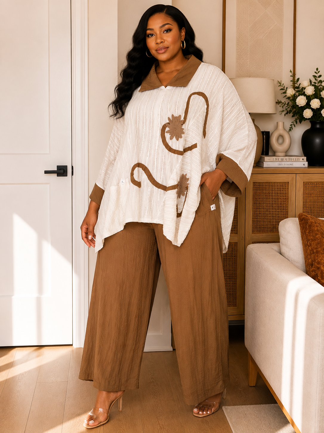 Knit Poncho Top and Wide-Leg Pants Set