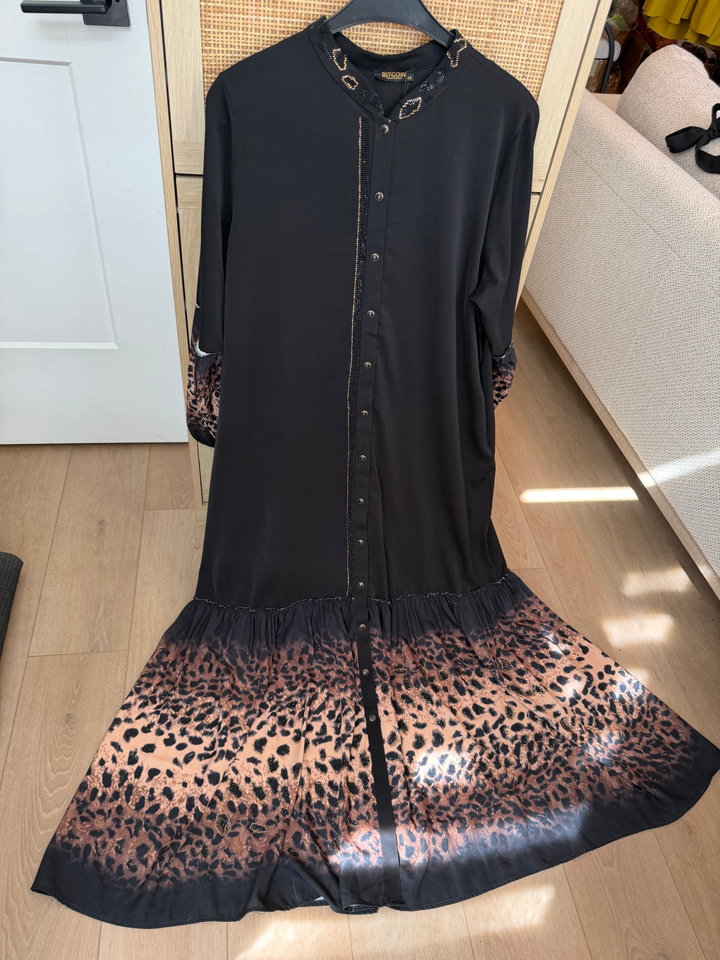 Leopard Print Hem Button-Down Long Sleeve Maxi Dress - Black