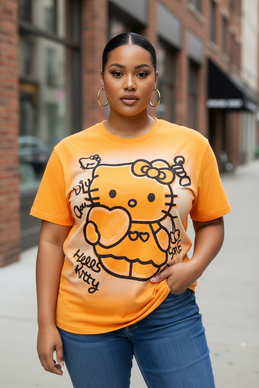 Cute Character Line-Art Graphic Short-Sleeve T-Shirt