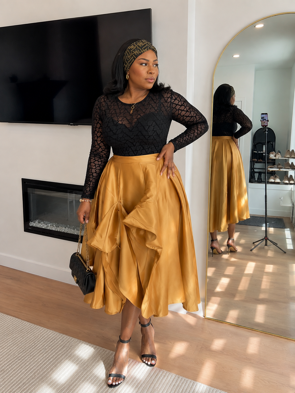Monogram Mesh Top & Asymmetrical Satin Skirt Two-Piece Set