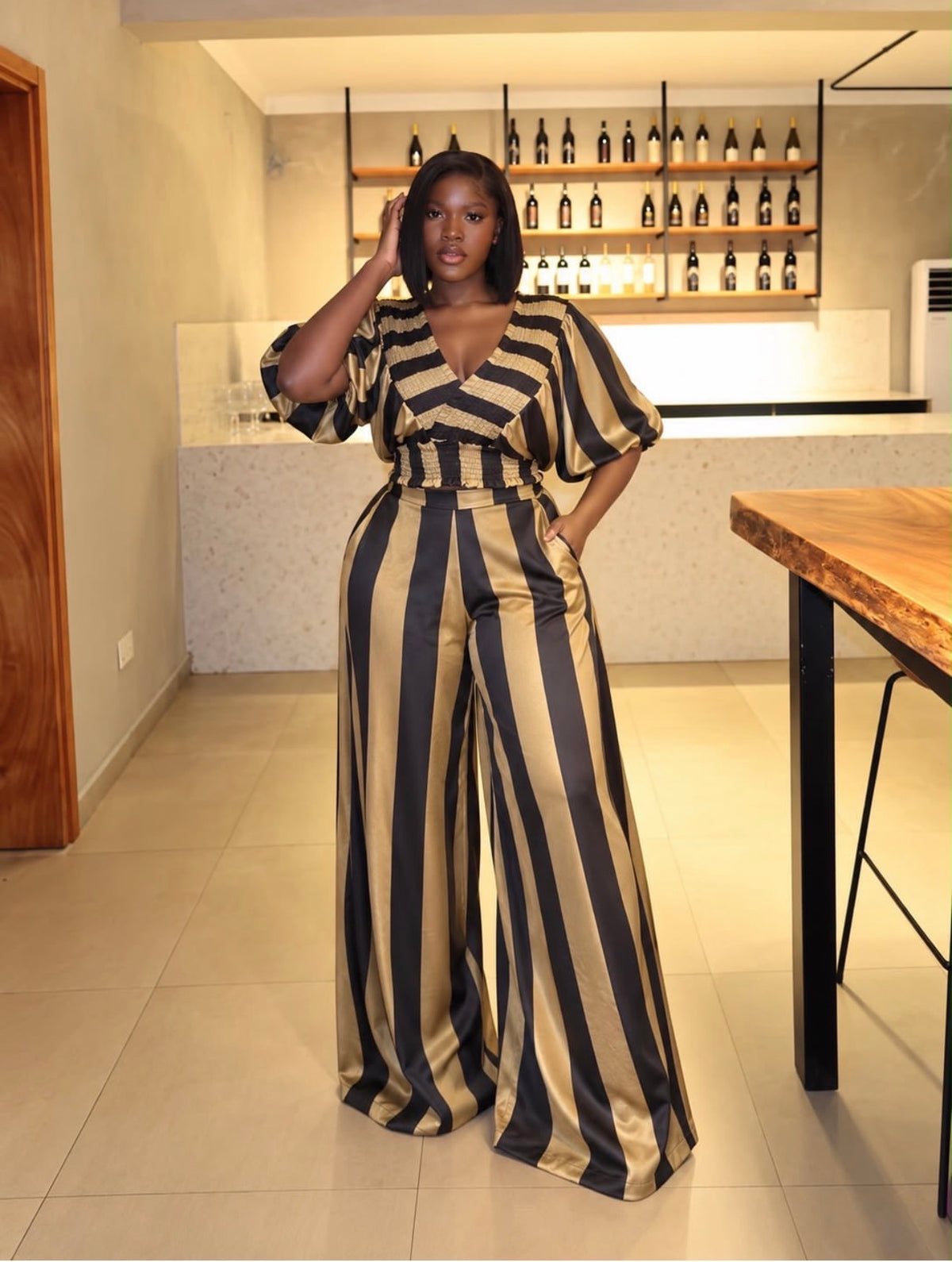 2-Piece Striped Short Sleeve Top and Wide-Leg Pants Set