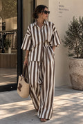 Two-Piece Vertical Striped Short-Sleeve Top & Wide-Leg Pants Set