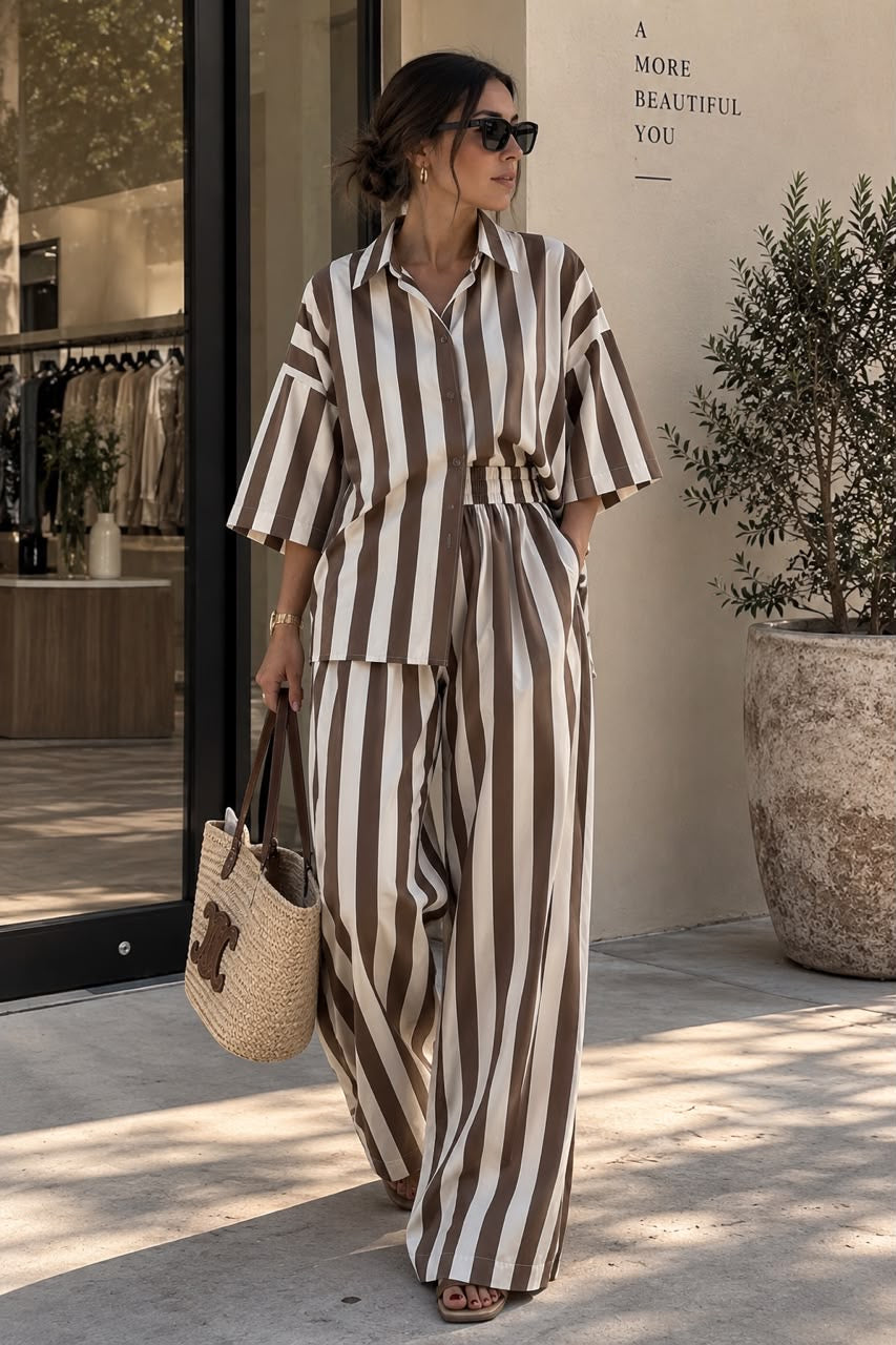 Two-Piece Vertical Striped Short-Sleeve Top & Wide-Leg Pants Set