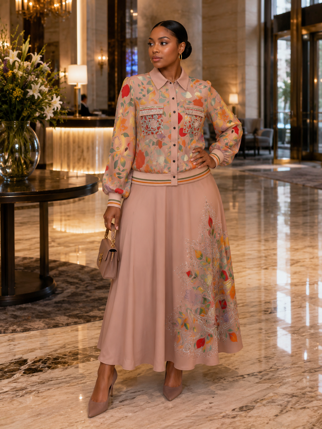 Floral Embroidered Long-Sleeve Shirt & Maxi Skirt Set