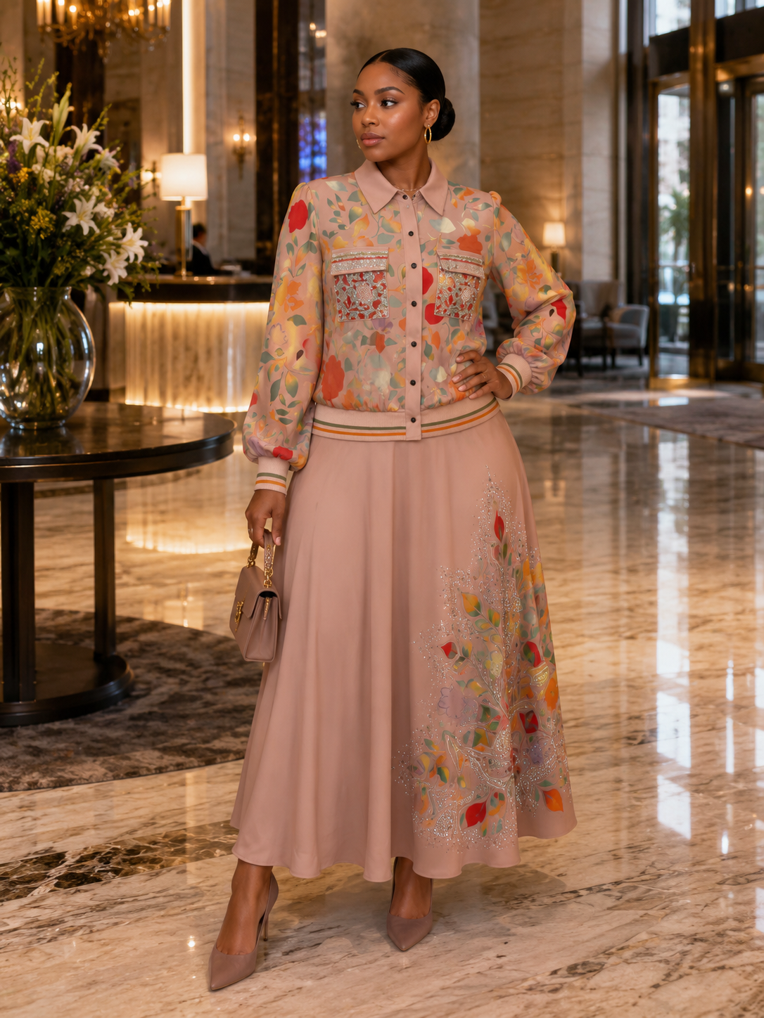 Floral Embroidered Long-Sleeve Shirt & Maxi Skirt Set