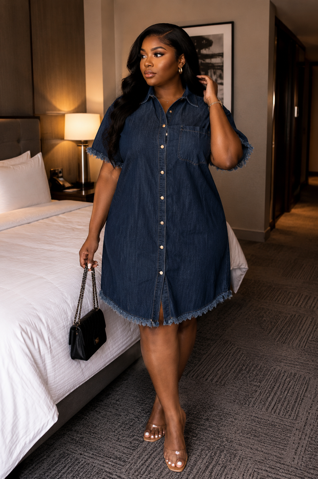 Short-Sleeve Frayed Hem Denim Shirt Dress