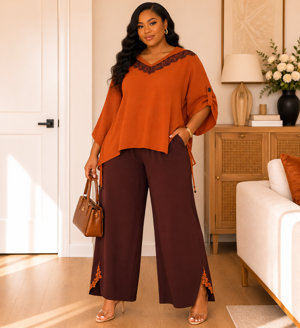 Two-Piece V-Neck Top & Wide-Leg Pants Set - Terracotta & Chocolate
