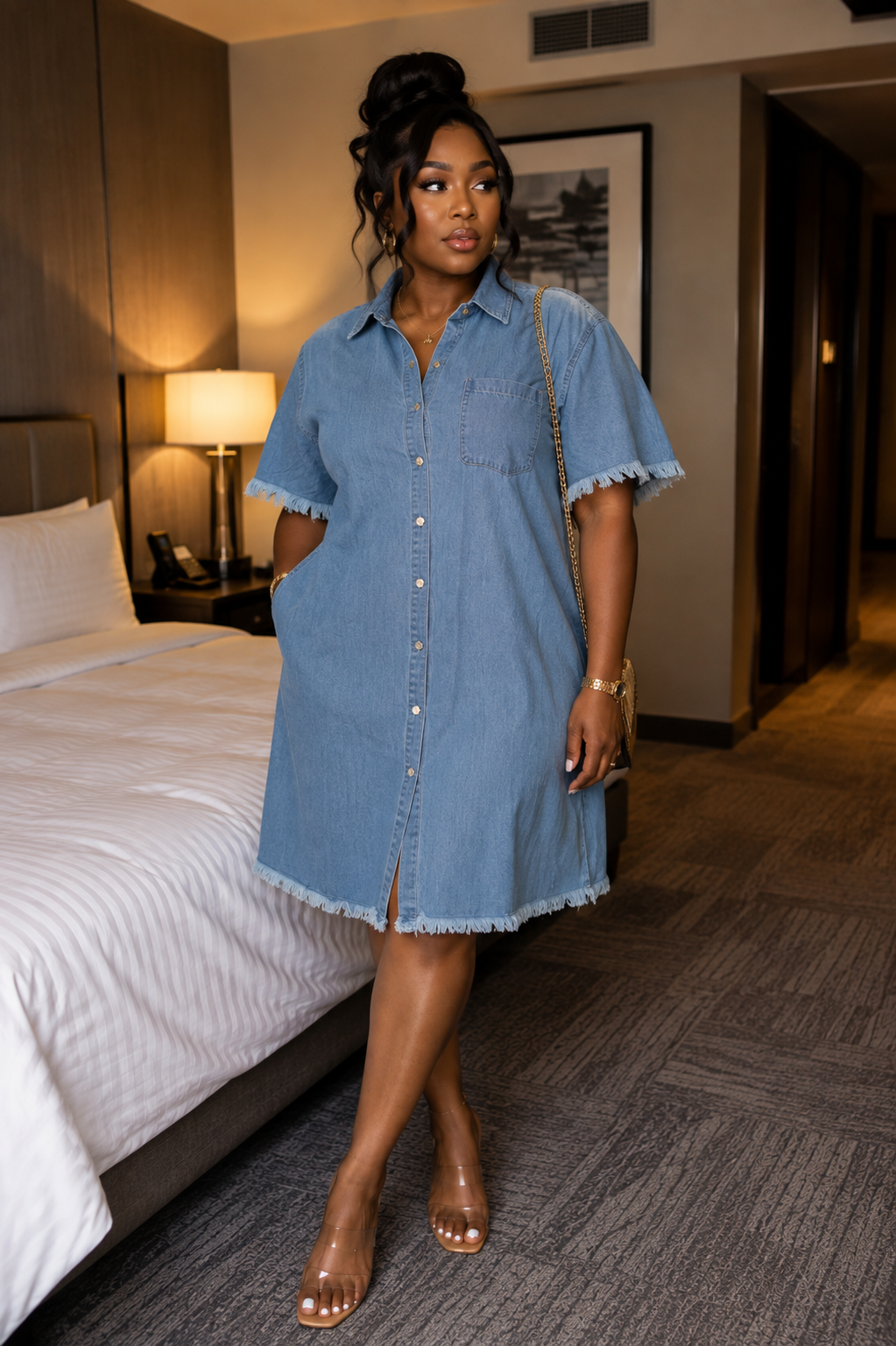 Short-Sleeve Frayed Hem Denim Shirt Dress