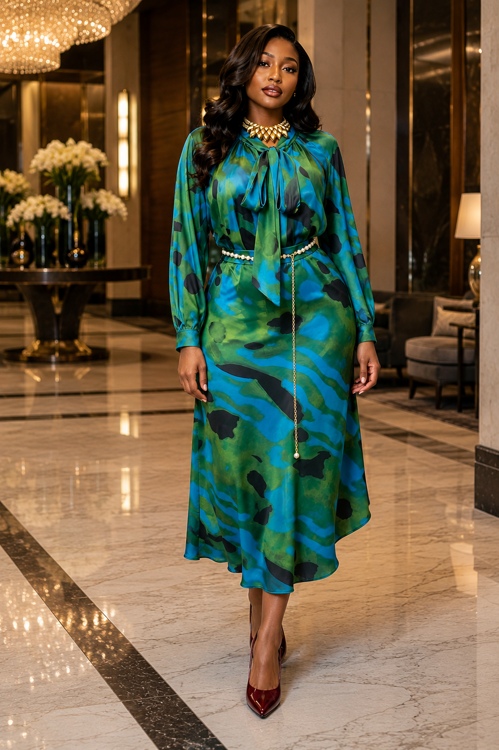 Printed Tie-Neck Peplum Top & Skirt Two-Piece Set with Beaded Belt