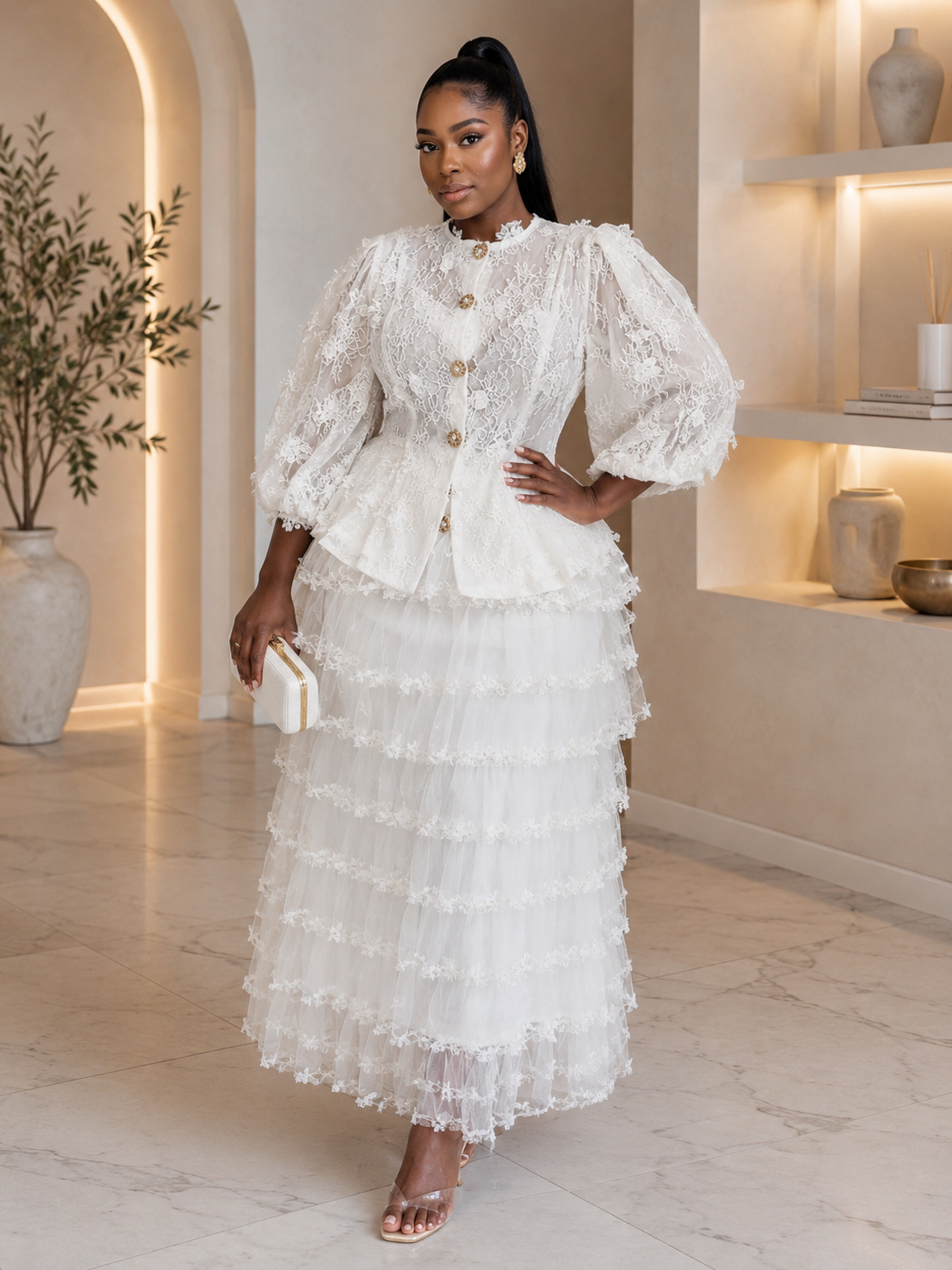 Textured Puff-Sleeve Peplum Top
