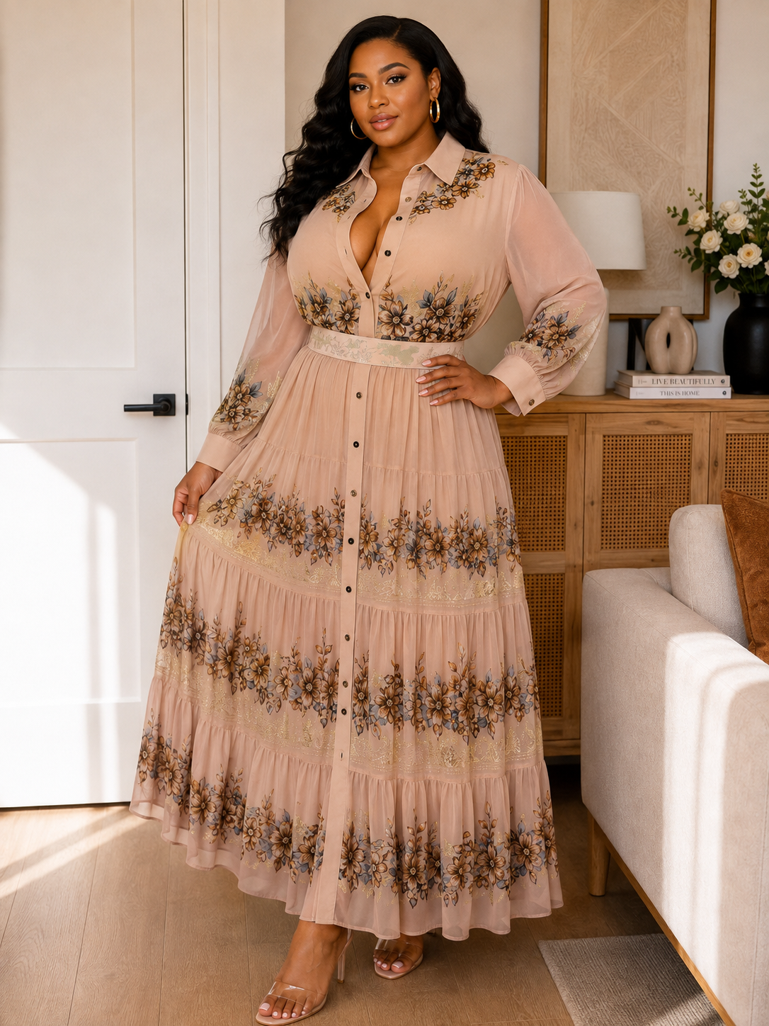 Embroidered Long Sleeve Belted Maxi Dress - Dusty Rose