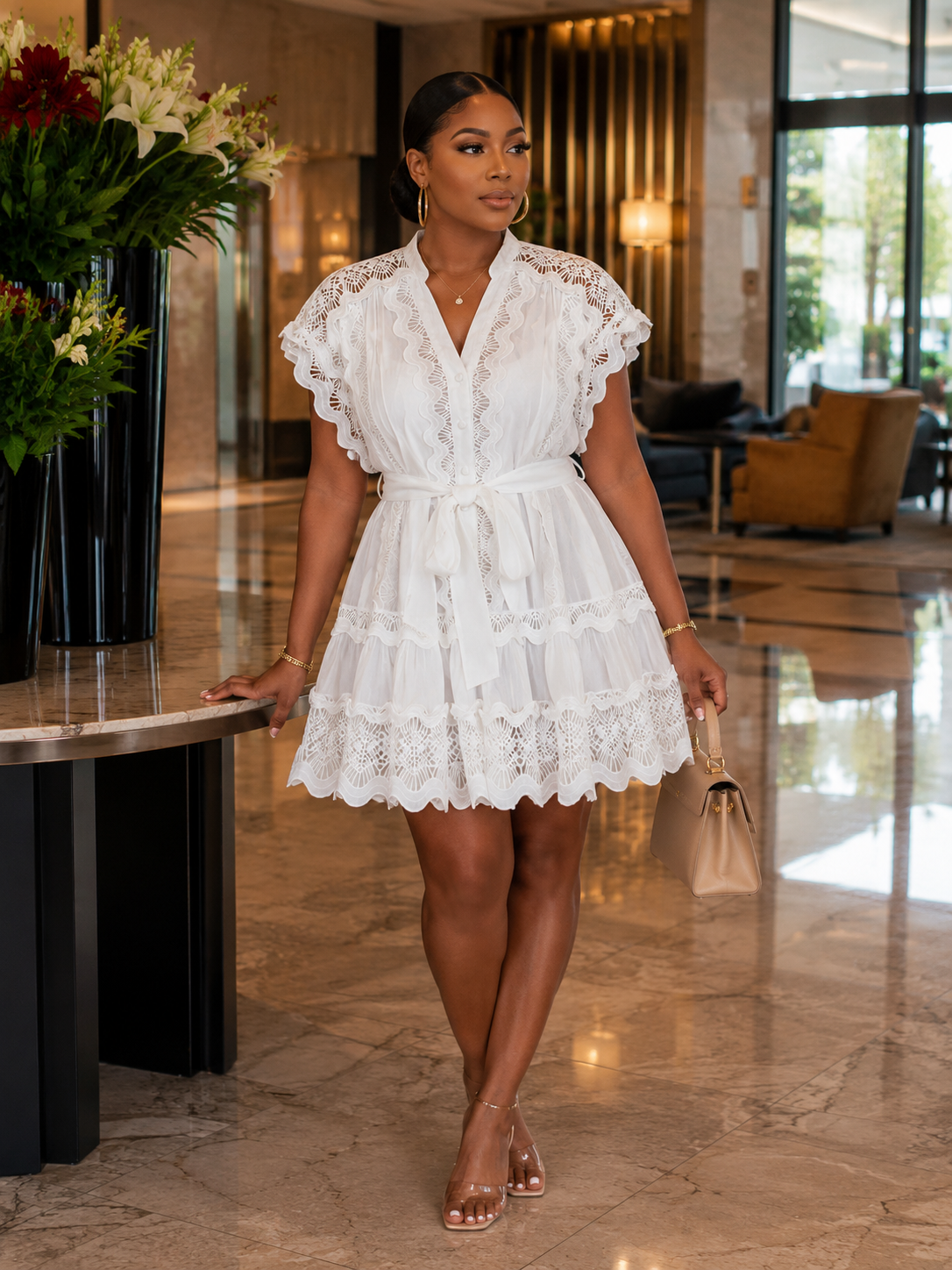 Short Sleeve Ruffle Eyelet Lace Dress