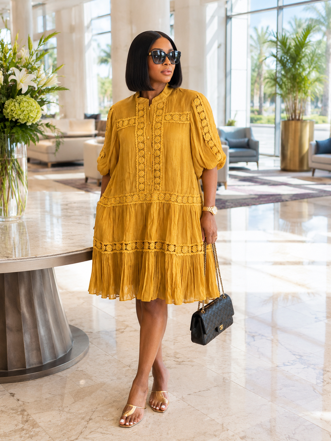 Eyelet Lace Button-Front Tiered Shirt Dress
