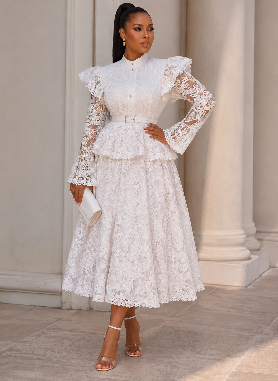 Long Sleeve Lace Peplum Midi dress