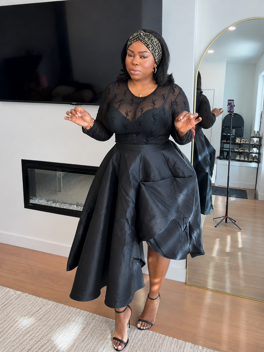 Monogram Mesh Top & Asymmetrical Satin Skirt Two-Piece Set