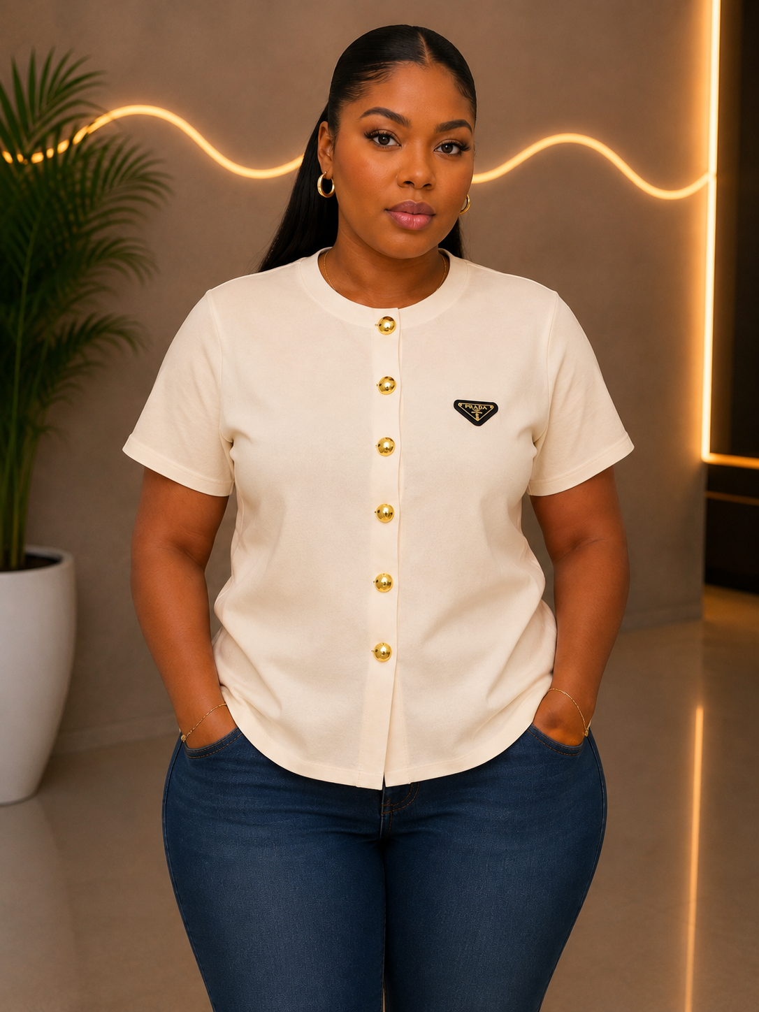 Elegant Short-Sleeve Button-Down Knit Top