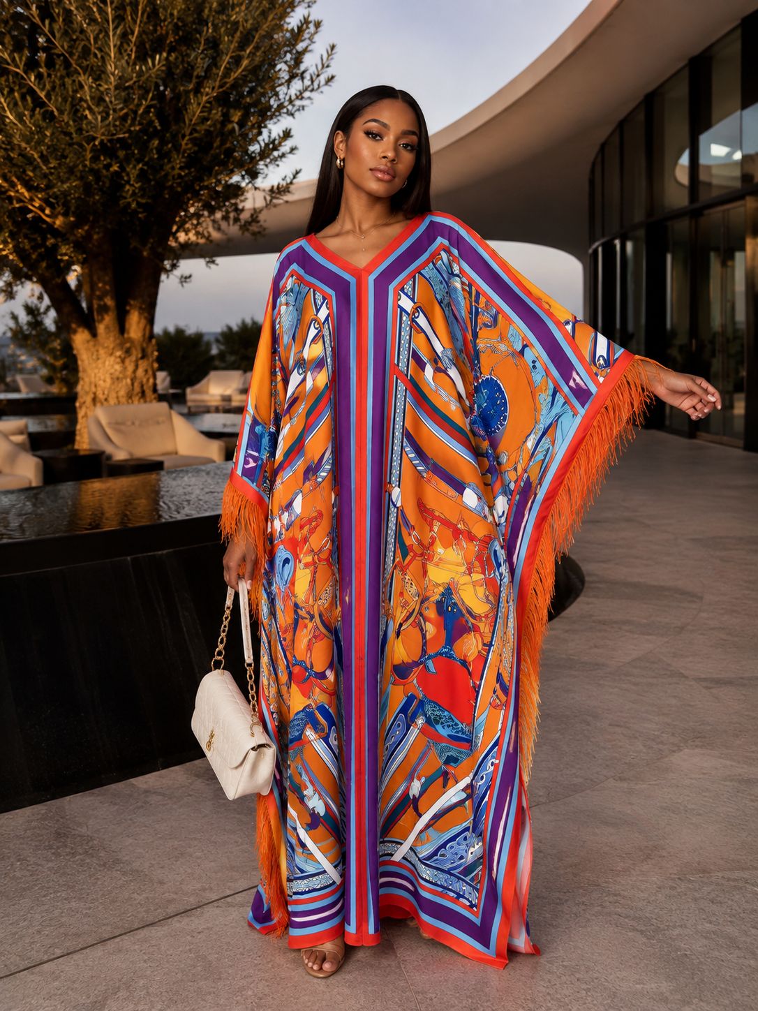 Boho Printed V-Neck Kaftan Maxidress with Feathers