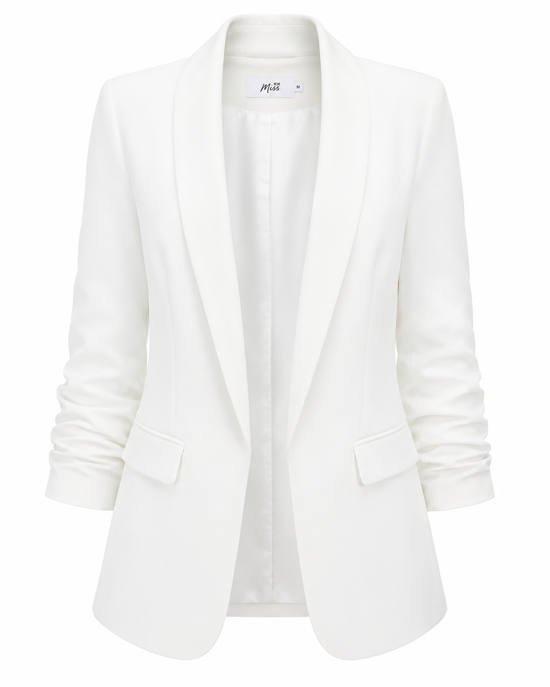 Elegance Ruched-Sleeve Open-Front Tailored Blazer
