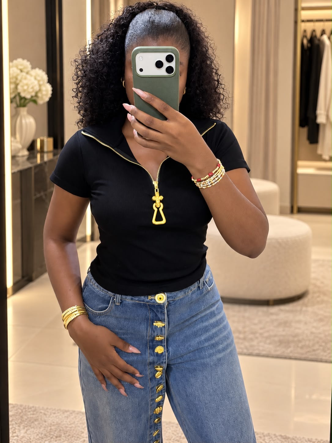 Ribbed Half-Zip Short Sleeve Knit Top