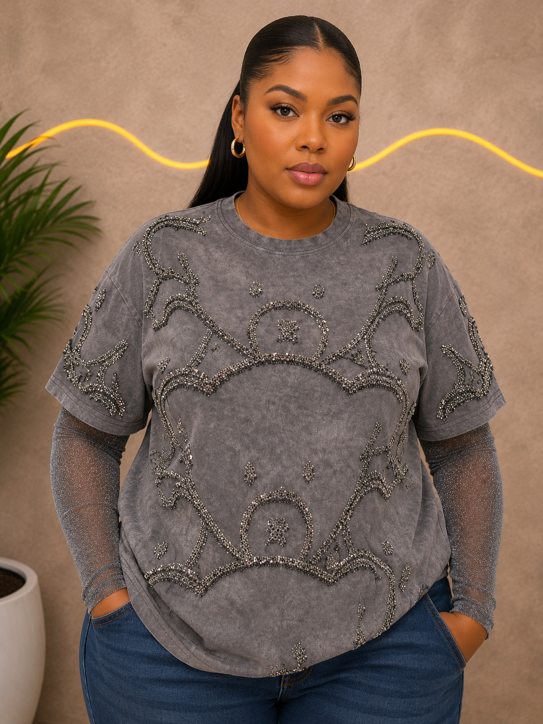 Crystal Teddy Mesh Sleeves T-Shirt