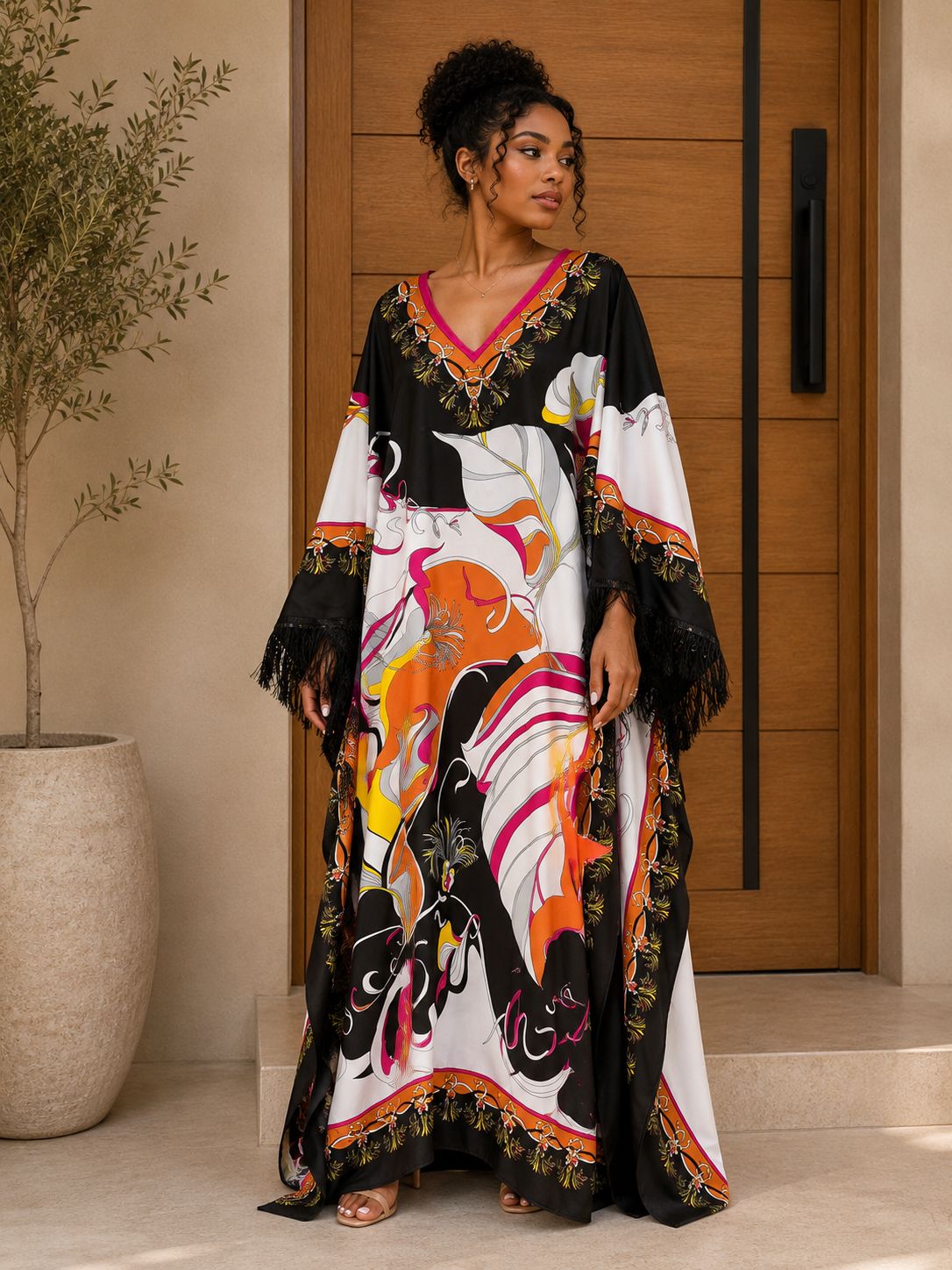 Boho Printed V-Neck Kaftan Maxidress with Feathers