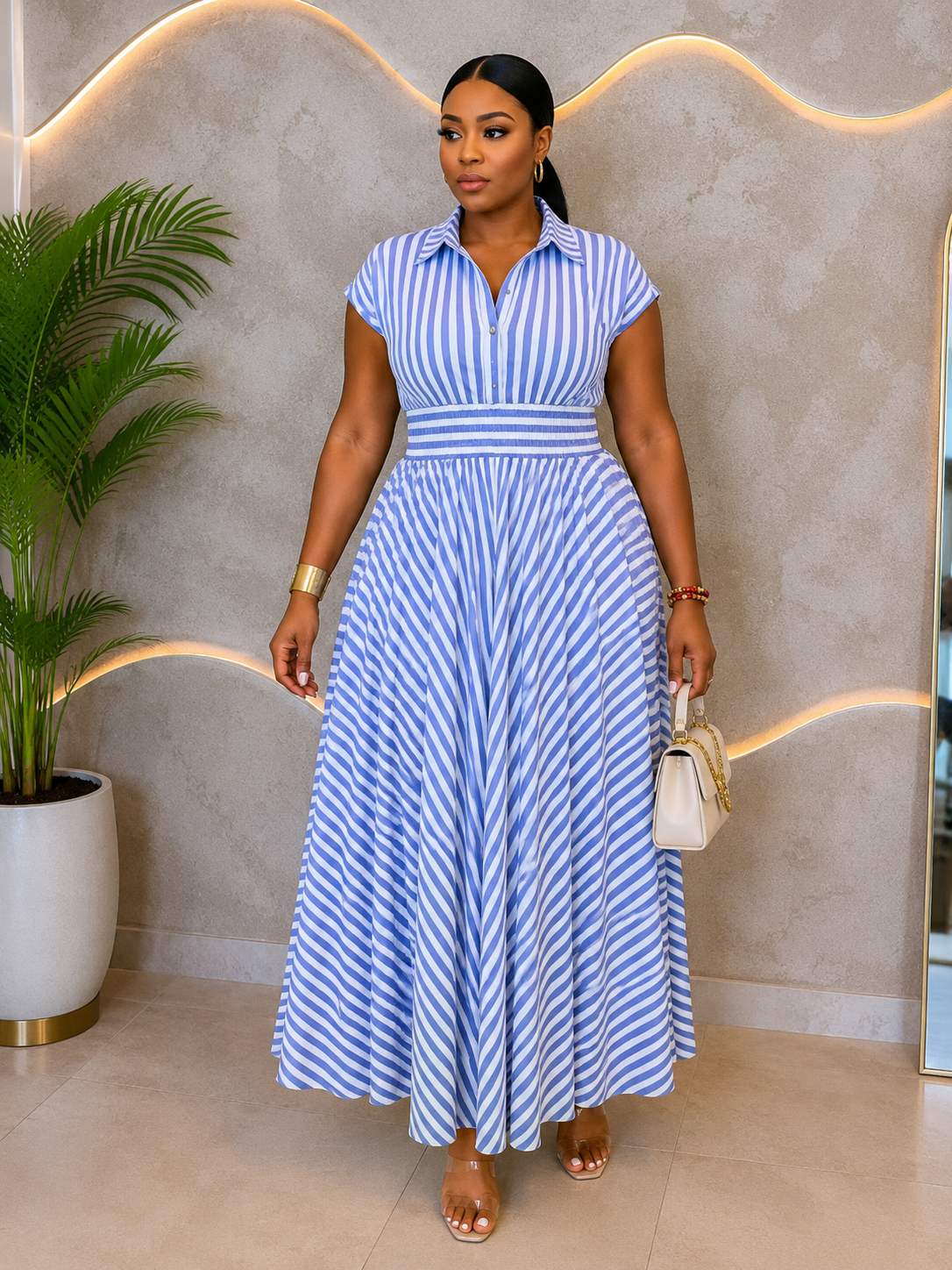 Best Seller: Elegant Striped Button-Down Belted Maxi Dress (PREORDER ONLY FOR THIS ITEM)