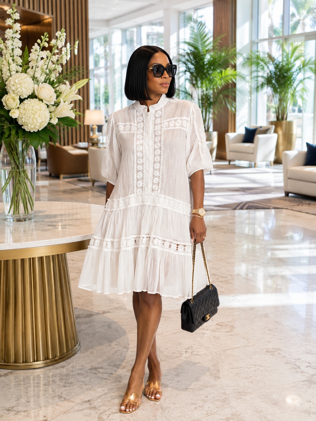 Eyelet Lace Button-Front Tiered Shirt Dress
