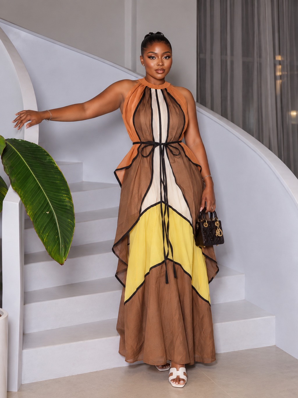Color-Block Ruffle Halter Maxi Dress
