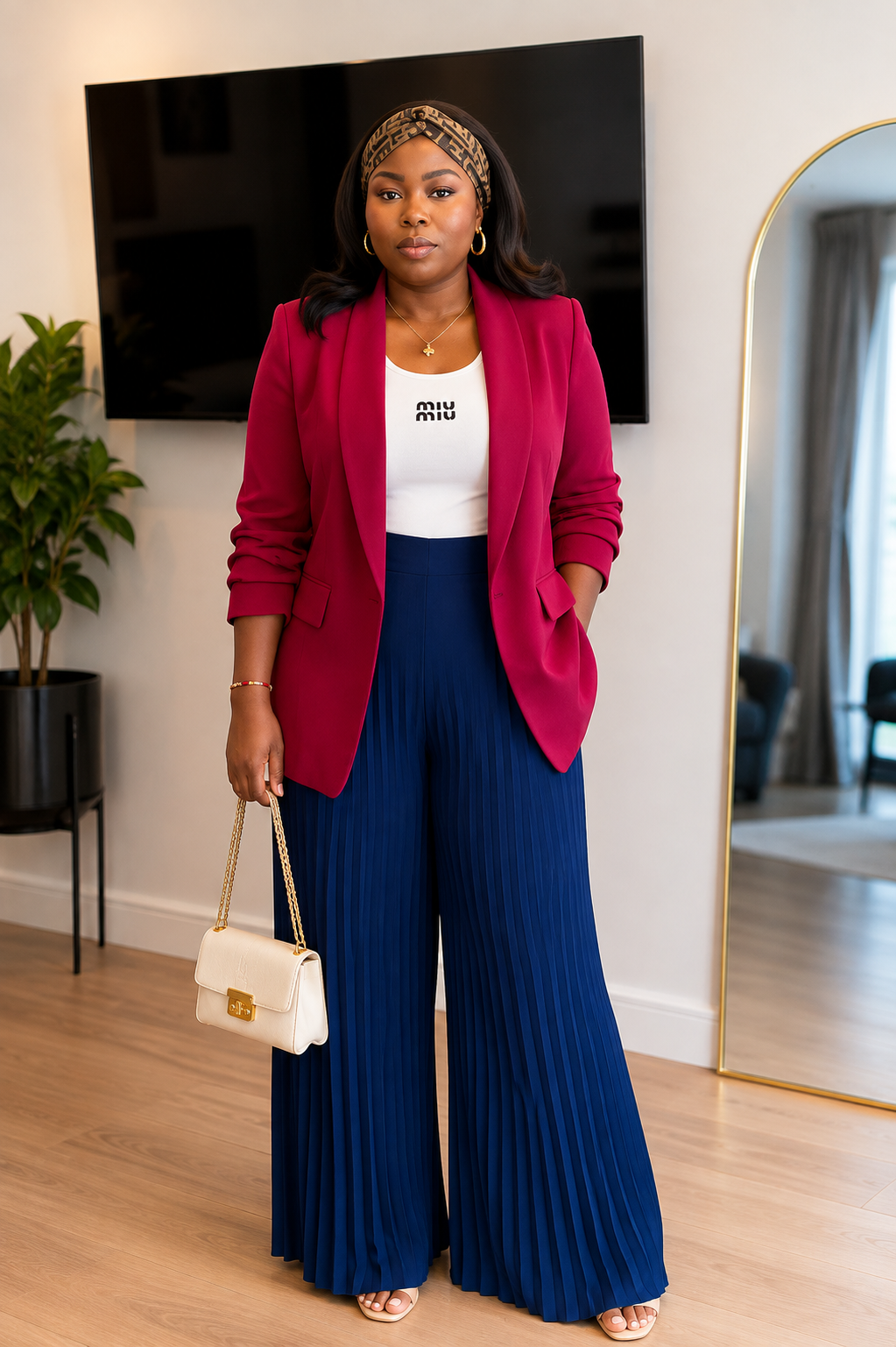 High-Waisted PlissÃ© Pleated Wide-Leg Trousers