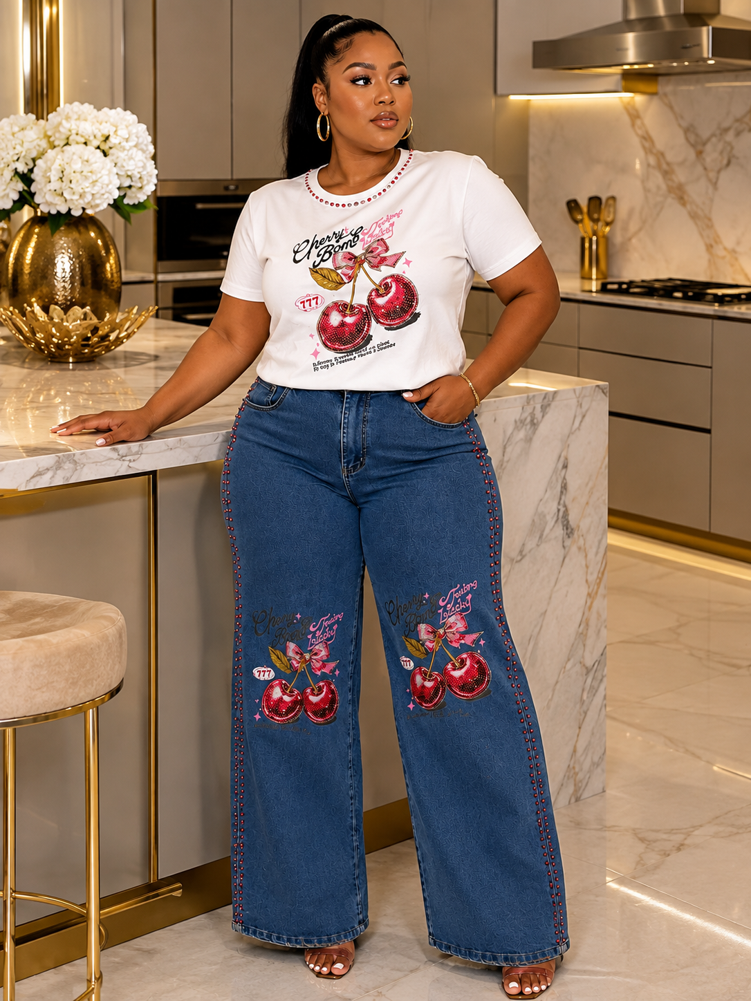 Statement Graphic Tee & Embellished Denim Set