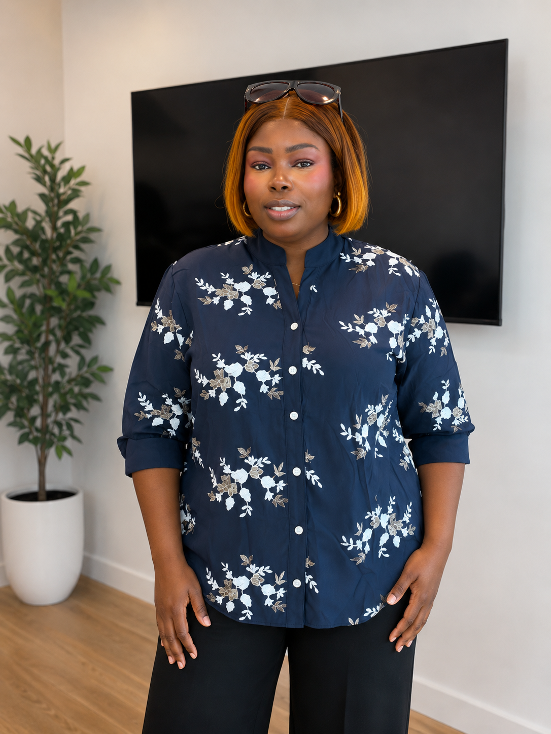 Floral Embroidered Split-Neck Tunic Blouse