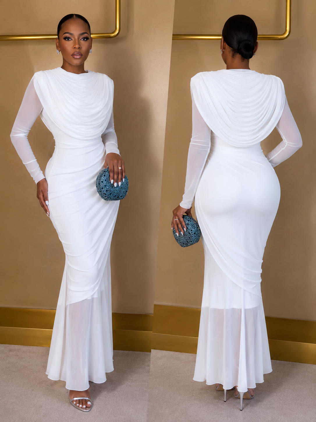 Long Sleeve Drape Neck Maxi Dress