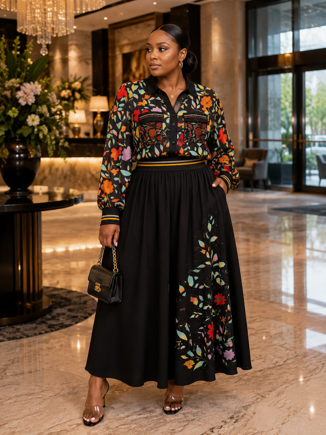Floral Embroidered Long-Sleeve Shirt & Maxi Skirt Set